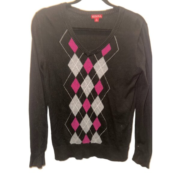 Black Argyle V-Neck Sweater | Pink & Grey Preppy Knit Pullover Y2K Academic - Picture 1 of 3